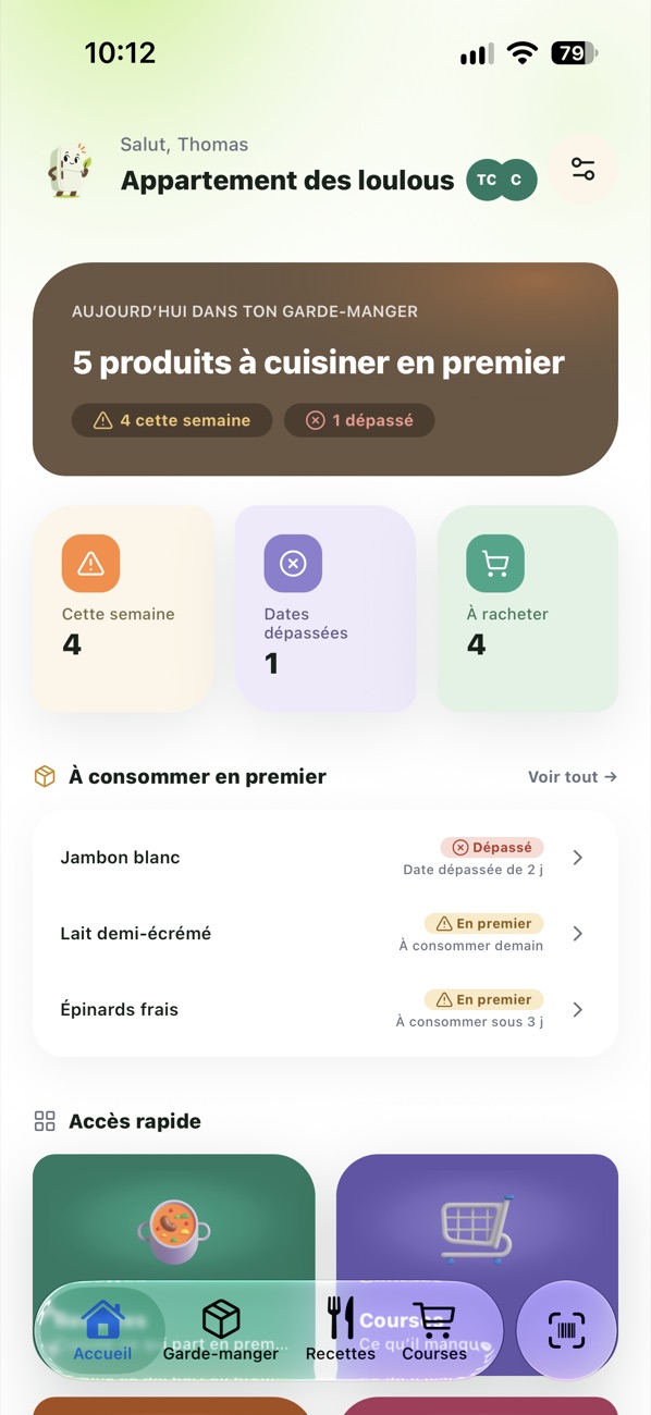 Accueil de Garde-manger : 5 produits à cuisiner en premier, les compteurs de la semaine et la liste des produits à consommer en premier.